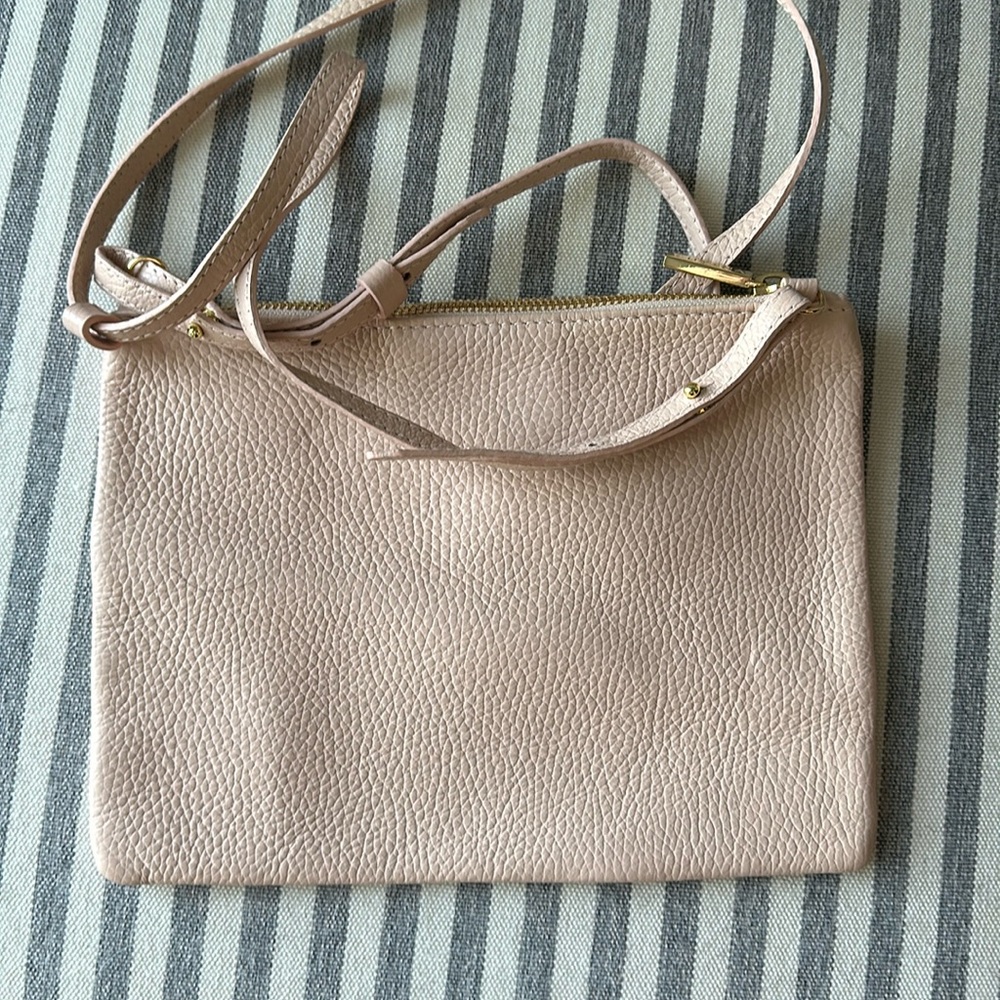 Cuyana Crossbody Italian Leather Pouch Bag blush color Gold accents Pebbled